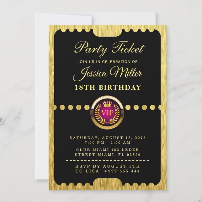 VIP Party Ticket Birthday Invitation (Front)