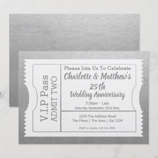 VIP Pass 25th Anniversary Ticket Faux Silver Invitation