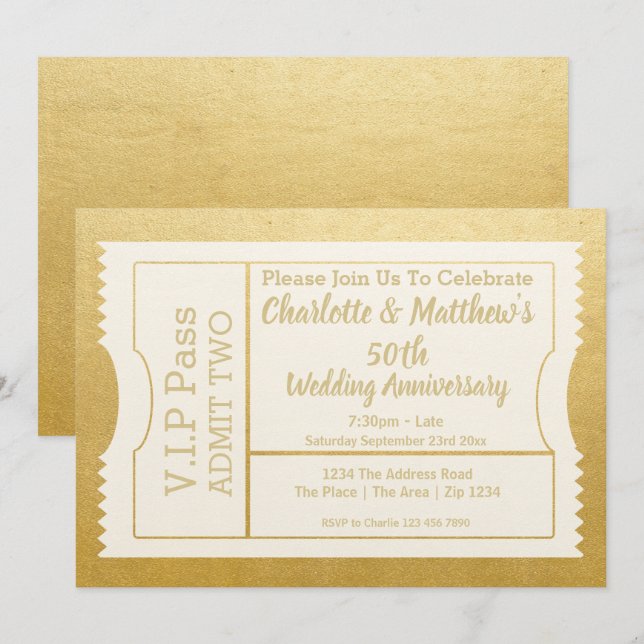 VIP Pass 50th Anniversary Ticket Faux Gold Invitation (Front/Back)
