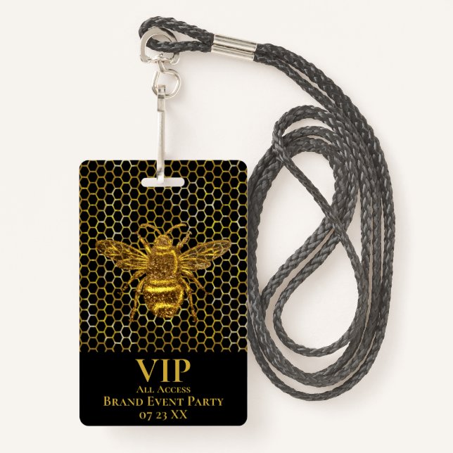 VIP Pass Elegant Black Gold Sparkling Queen Bee Badge (Front with Lanyard)