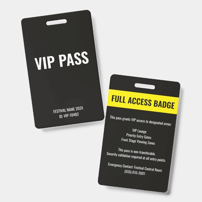 VIP Pass Full Access Music Festival Black Badge (Front & Back)