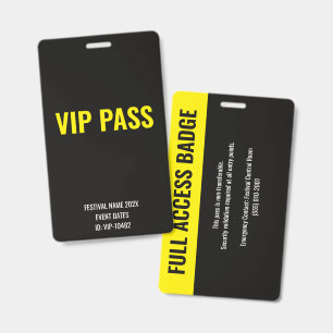 VIP Pass Full Access Music Festival ID Yellow Badge
