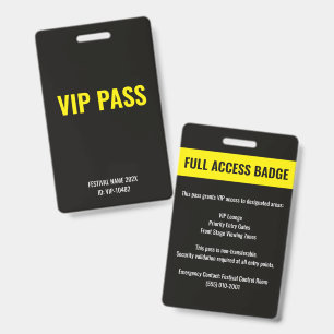 VIP Pass Full Access Music Festival Yellow Black Badge