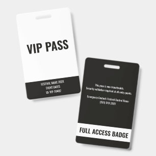 VIP Pass Full Access White & Black Music Festival Badge