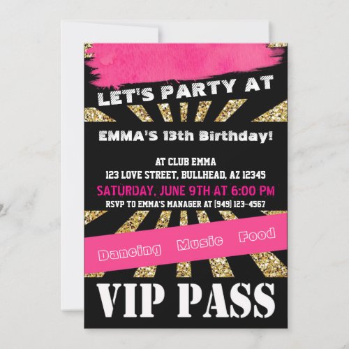 VIP PASS Girls Dance Party Sleepover Teenage Girl Invitation
