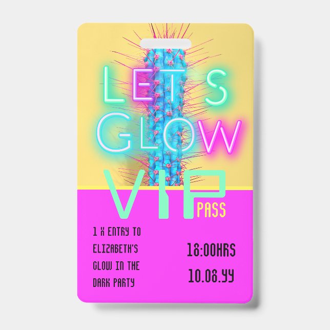 VIP Pass Glow In Dark Party UNIQUE INVITATION IDEA Badge (Front)