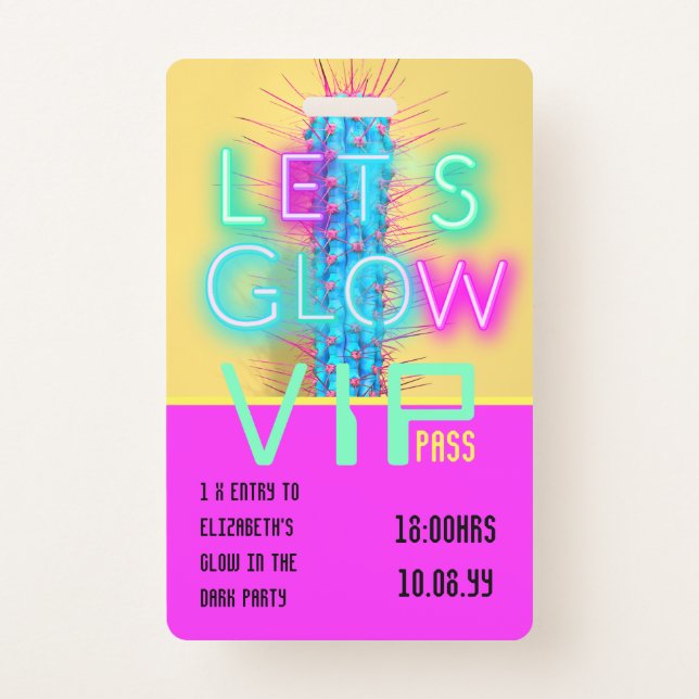 VIP Pass Glow In Dark Party UNIQUE INVITATION IDEA Badge (Front)