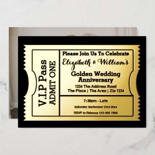 VIP Pass Golden Wedding Anniversary Ticket Foil Invitation