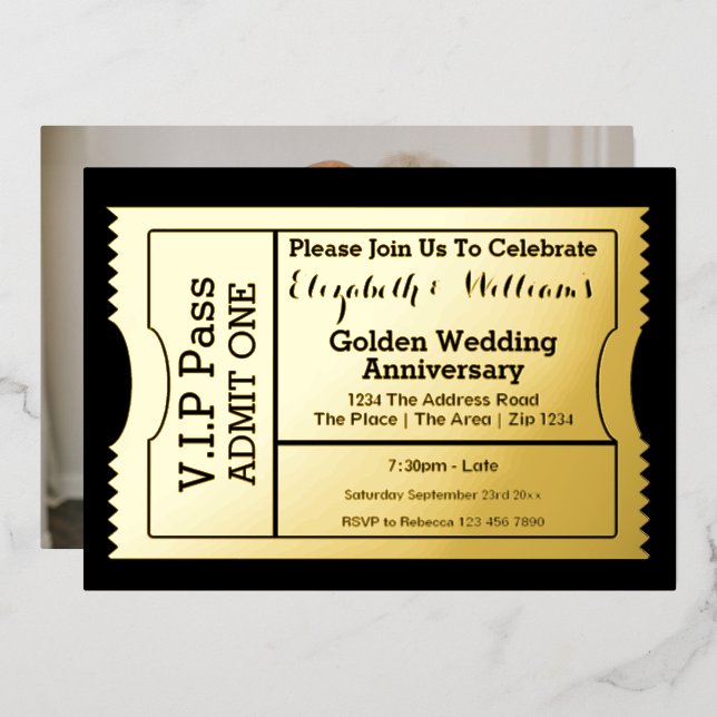 VIP Pass Golden Wedding Anniversary Ticket Foil Invitation (Front/Back)