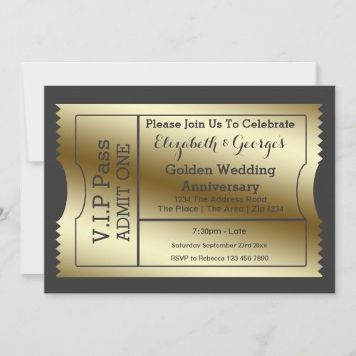 VIP Pass Golden Wedding Anniversary Ticket Invitation