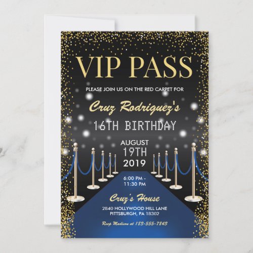 VIP Pass Hollywood Blue Red Carpet Birthday  Invitation