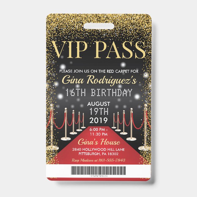 VIP Pass Hollywood Red Carpet Birthday Invitation Badge (Front)