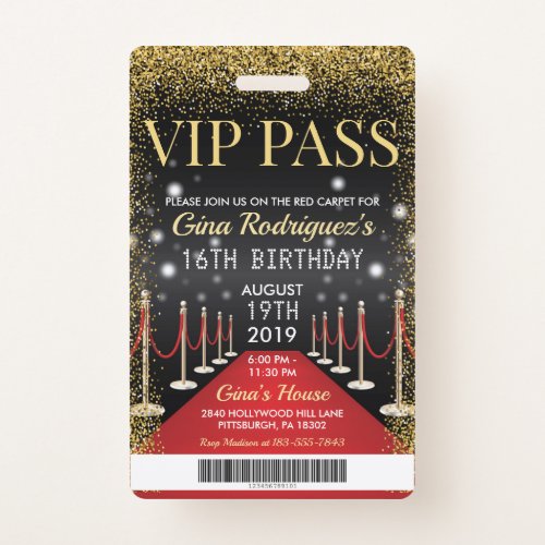 VIP Pass Hollywood Red Carpet Birthday Invitation Badge