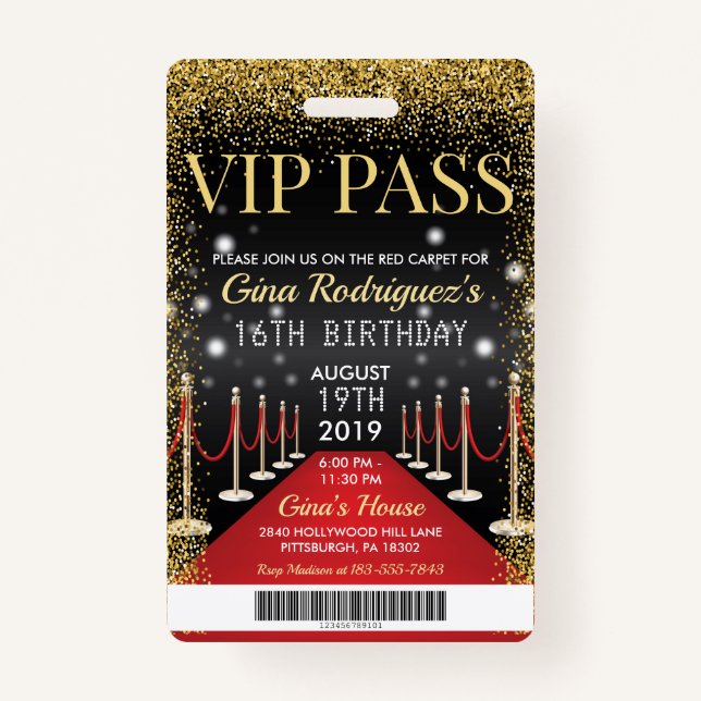 VIP Pass Hollywood Red Carpet Birthday Invitation Badge (Front)