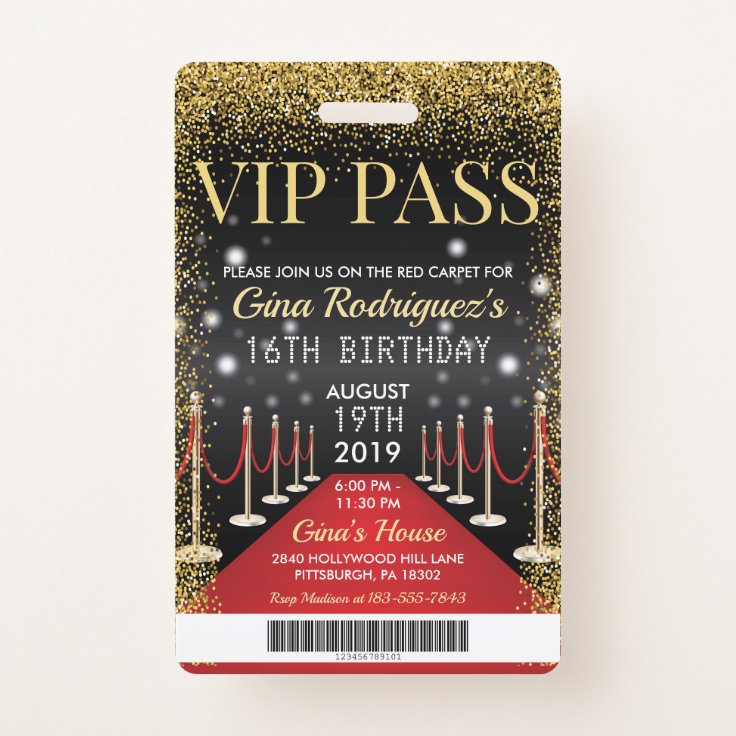 VIP Pass Hollywood Red Carpet Birthday Invitation Badge | Zazzle