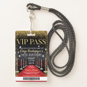 VIP Pass Hollywood Red Carpet Birthday Invitation Badge | Zazzle