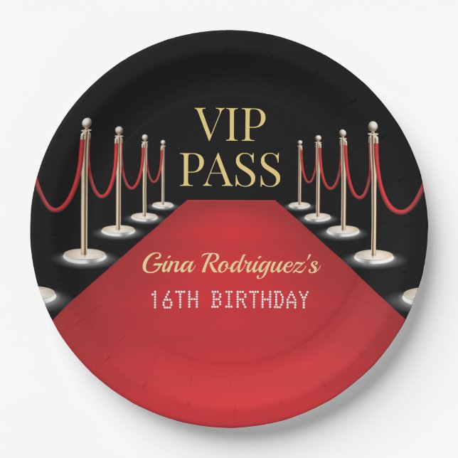 VIP Pass Hollywood Red Carpet Birthday Paper Plates (Front)