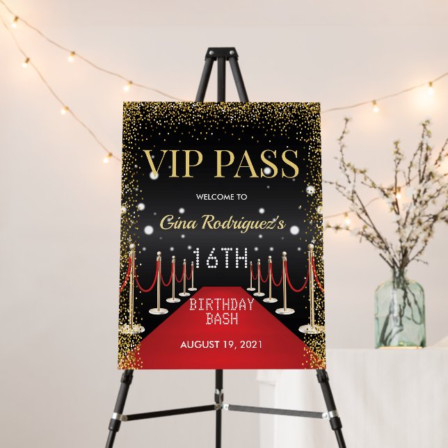 VIP Pass Hollywood Red Carpet Birthday Party Sign (In Situ (Stand))