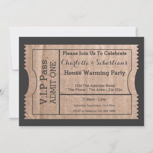 VIP Pass House Warming Cardboard Themed Ticket Invitation