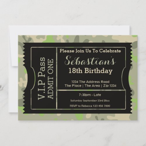 VIP Pass Party Admission Ticket Military Themed Invitation