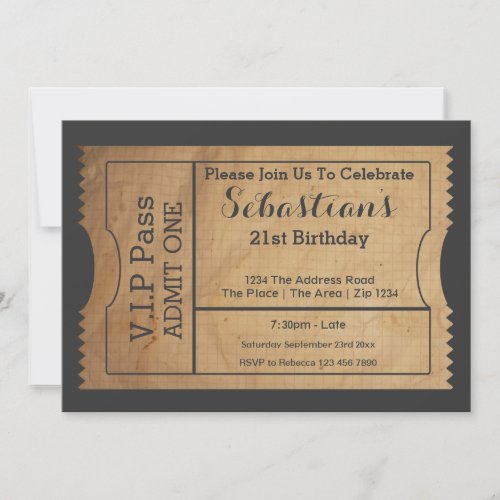 VIP Pass Party Admission Ticket Old Paper Style Invitation