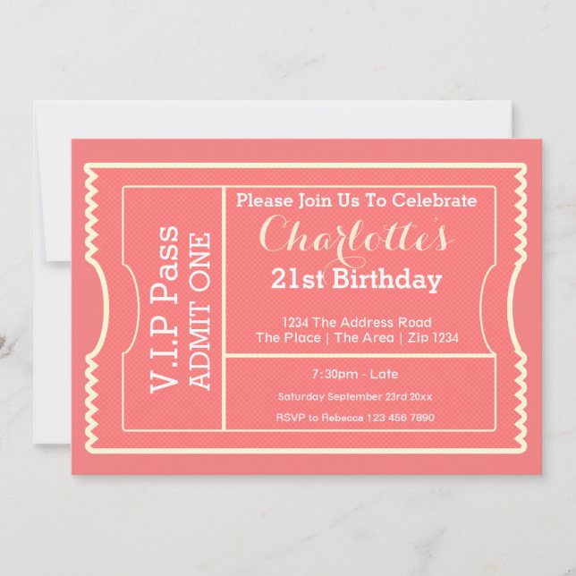 VIP Pass Party Admission Ticket Pink Invitation (Front)