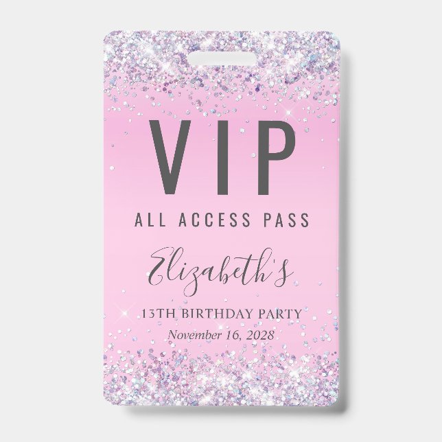 VIP Pass Pink Glitter Birthday Party Badge (Front)