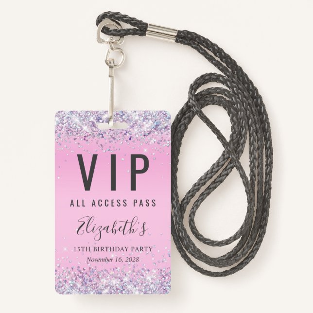 VIP Pass Pink Glitter Birthday Party Badge (Front with Lanyard)