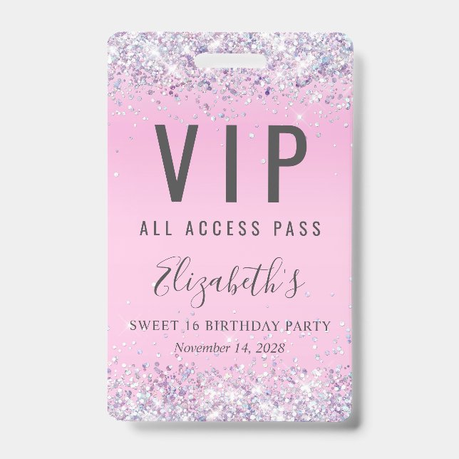 VIP Pass Pink Glitter Sweet 16 Birthday Party Badge (Front)