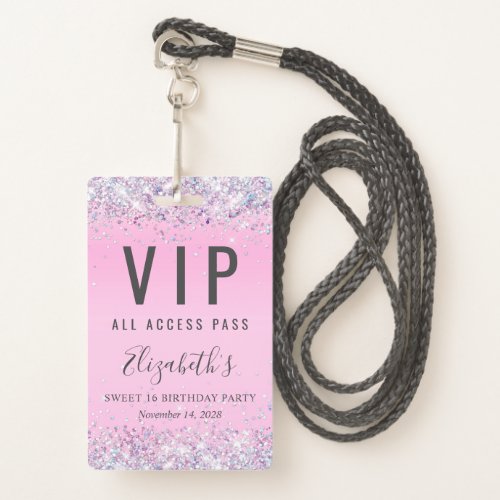 VIP Pass Pink Glitter Sweet 16 Birthday Party Badge