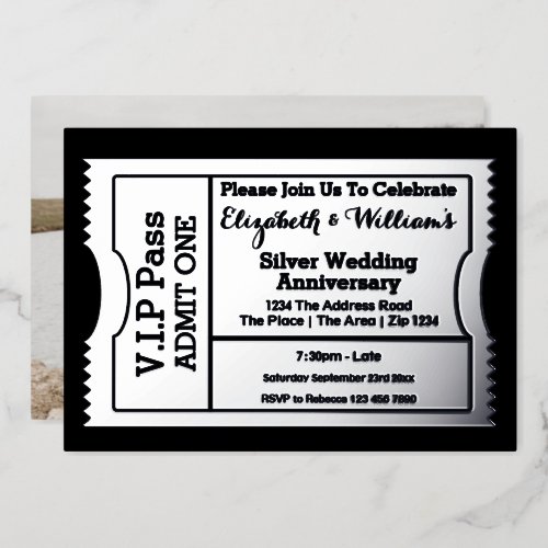 VIP Pass Silver Wedding Anniversary Ticket Foil Invitation
