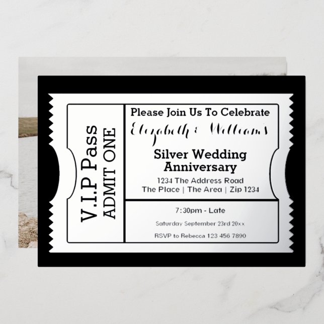VIP Pass Silver Wedding Anniversary Ticket Foil Invitation (Front/Back)