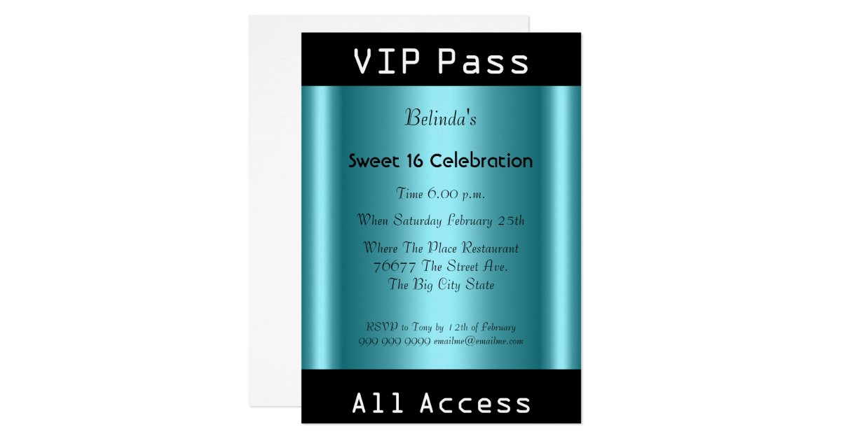 VIP pass Sweet 16 Birthday Party Black Teal Invitation