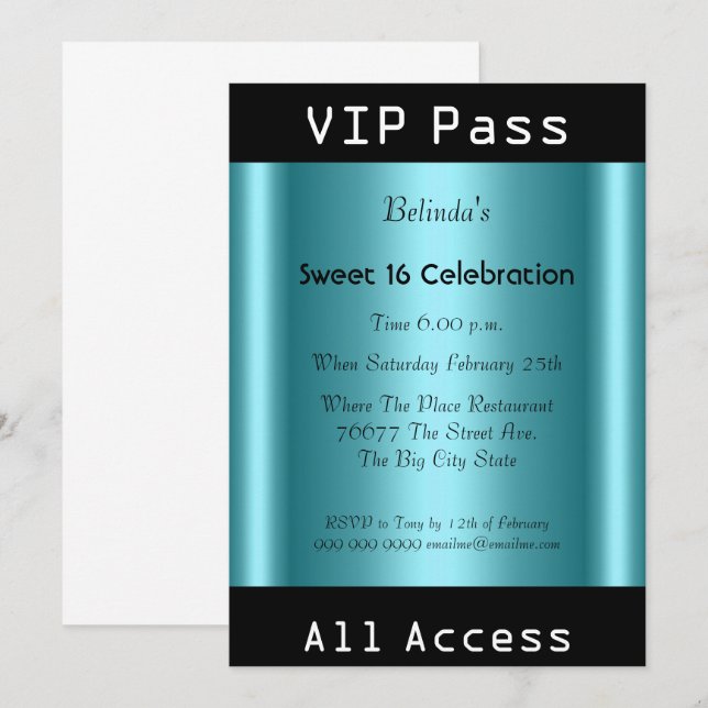 VIP pass Sweet 16 Birthday Party Black Teal Invitation (Front/Back)