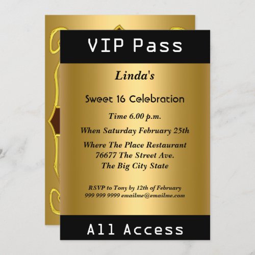 VIP pass Sweet 16 Birthday Party Gold Invitation