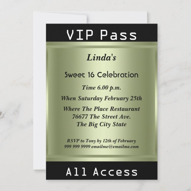 VIP pass Sweet 16 Birthday Party Invitation (Front)