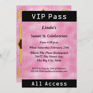 VIP pass Sweet 16 Birthday Party Pink Invitation