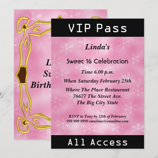 VIP pass Sweet 16 Birthday Party Pink Invitation