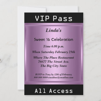 VIP pass Sweet 16 Birthday Party Purple Invitation