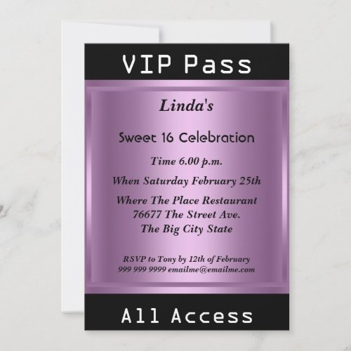 VIP pass Sweet 16 Birthday Party Purple Invitation