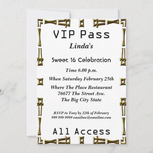 VIP pass Sweet 16 Birthday Party White Invitation