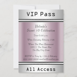 VIP pass Sweet 16 Birthday Party White Pink Invitation