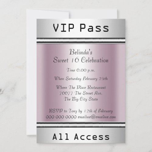 VIP pass Sweet 16 Birthday Party White Pink Invitation