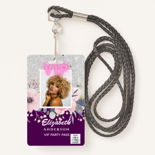 VIP PHOTO ID - Party, Festival, Event GLITTER GLAM Badge (Front with Lanyard)