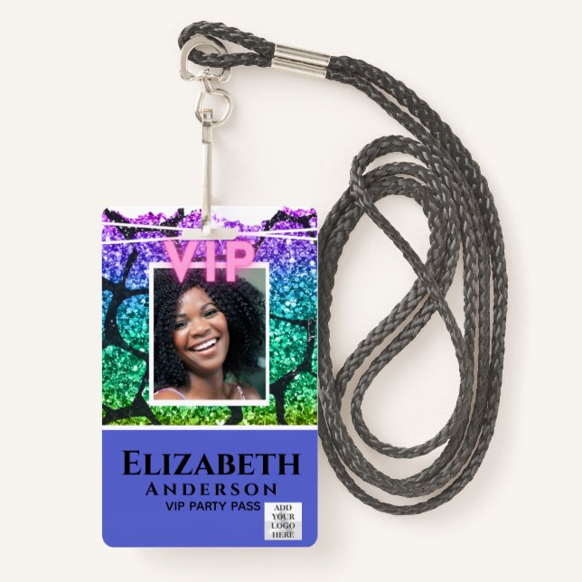 VIP PHOTO ID - Party Festival Event GLITTER GLAMOR Badge (Front with Lanyard)