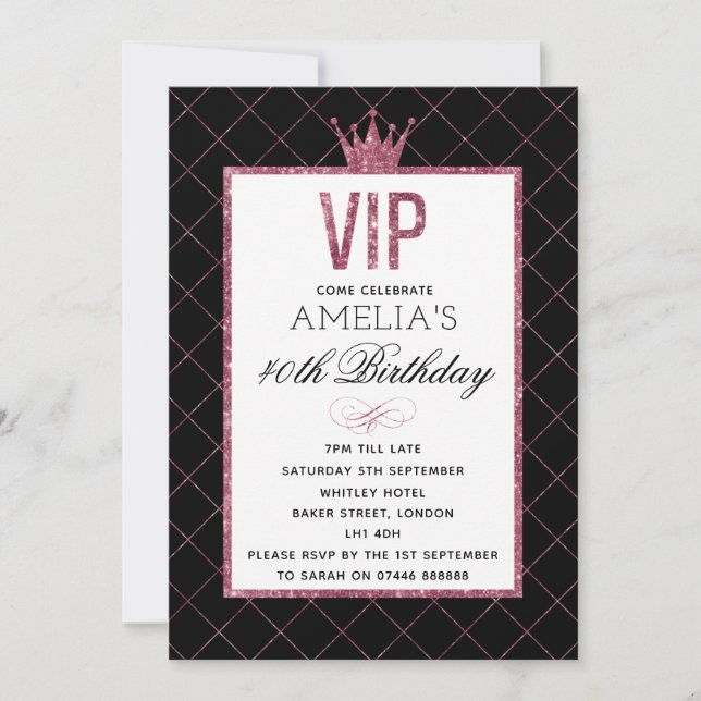 VIP Pink and Black Glitter Birthday Invites (Front)