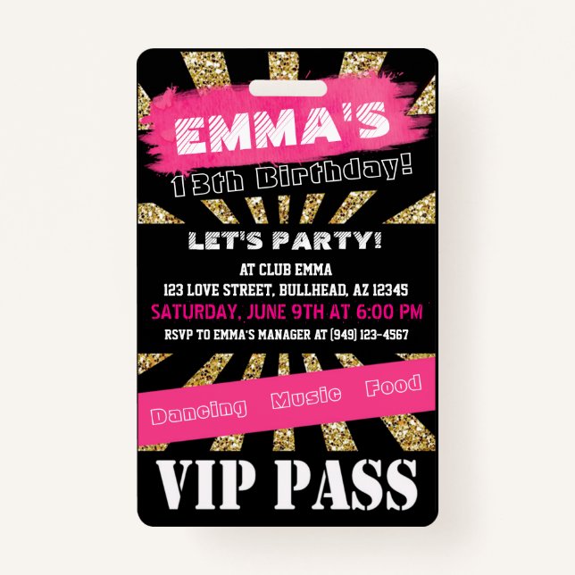 VIP Pink & Gold Any Event Pass Custom Wording Badge (Front)