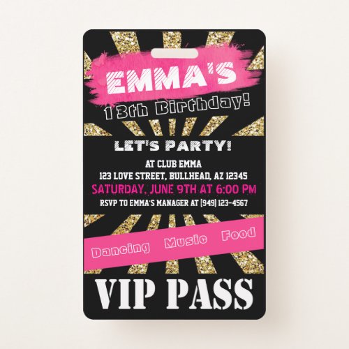 VIP Pink  Gold Any Event Pass Custom Wording Badge