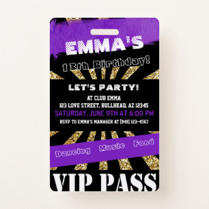 VIP Purple & Gold Any Event Pass Birthday Invite Badge