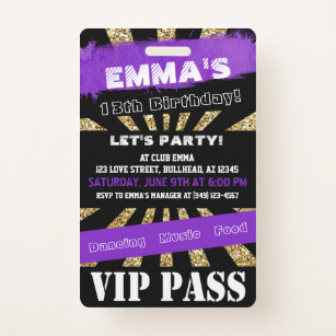 VIP Purple & Gold Any Event Pass Birthday Invite Badge